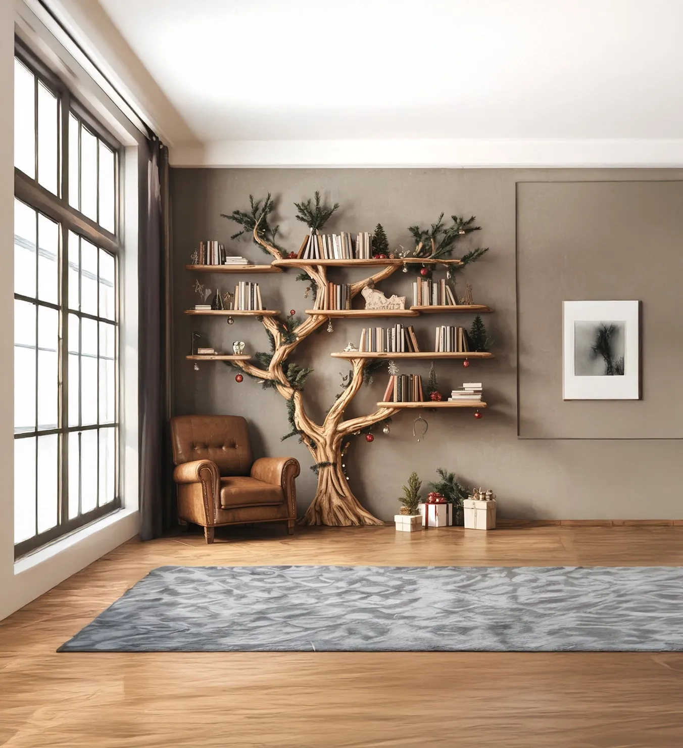 Tree Bookshelf Solid Wood Tree Shaped Branch Design Living Room Library