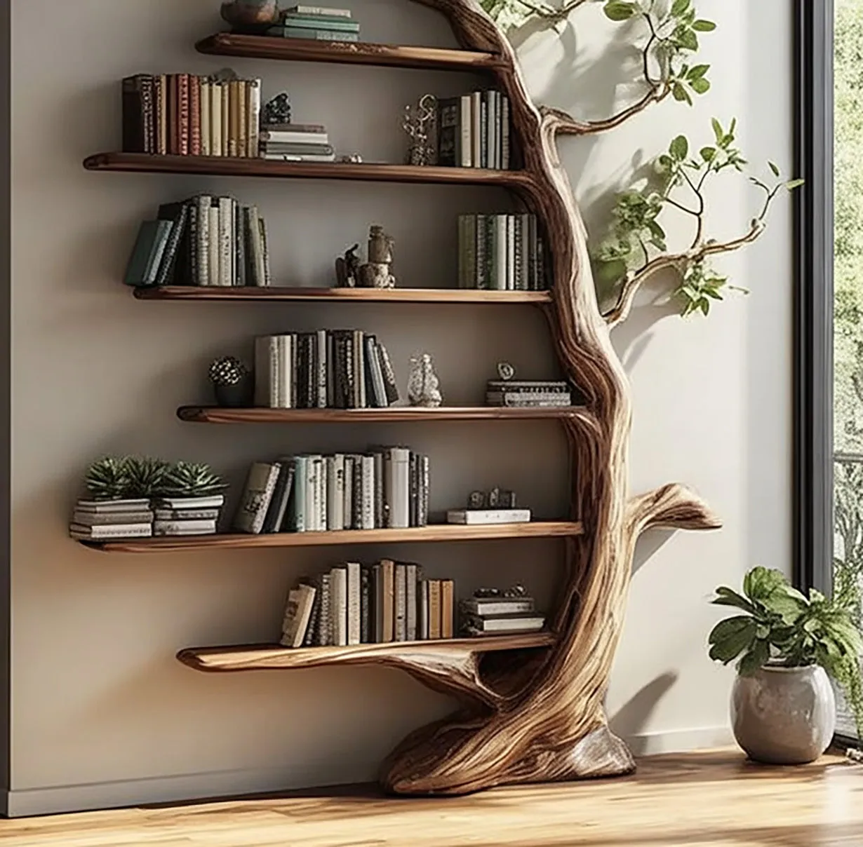 Floating Wall Shelf Solid Wood Tree Inspired Artistic Wall Shelf