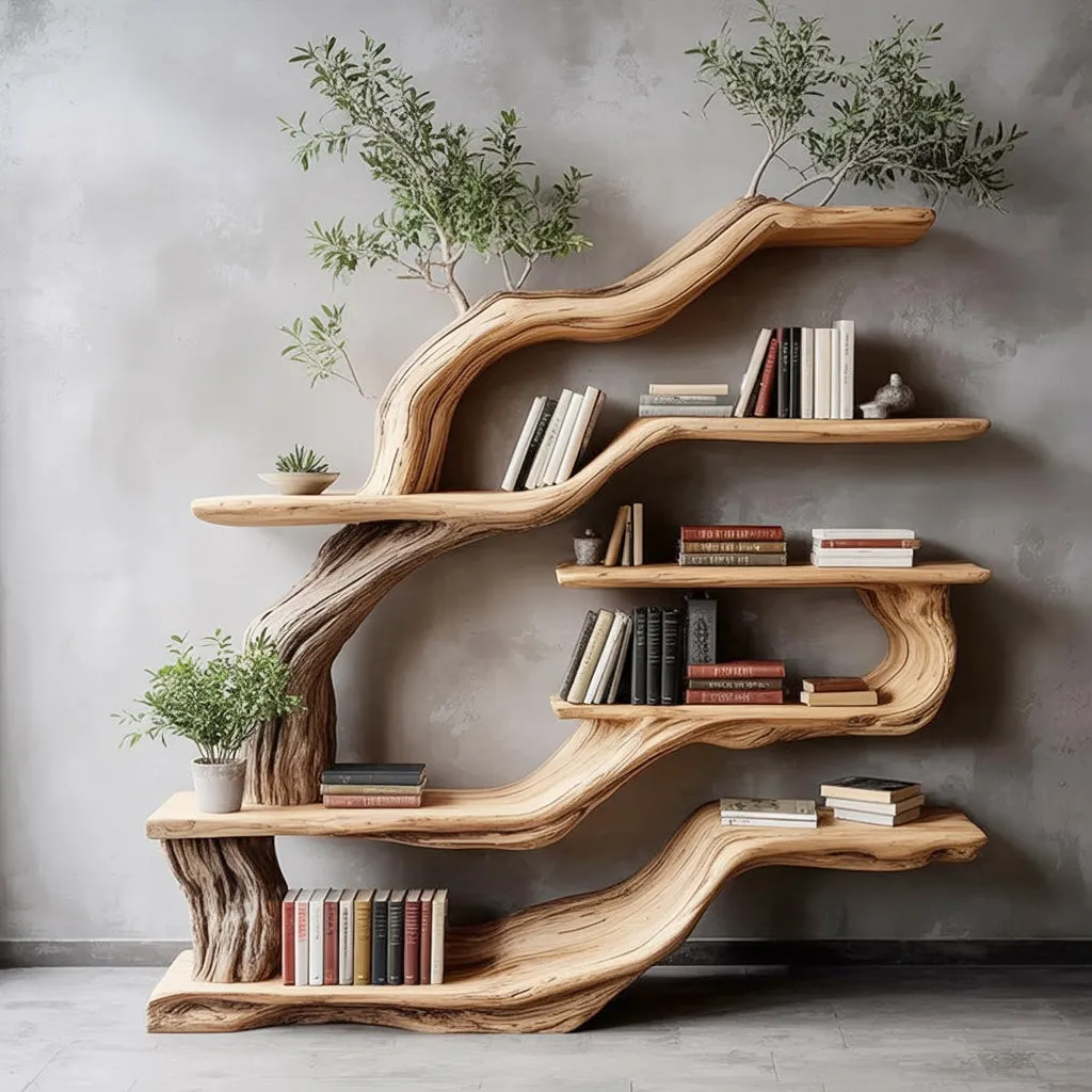 Tree Bookshelf Solid Wood Live Edge Artistic Branch Design Home Office