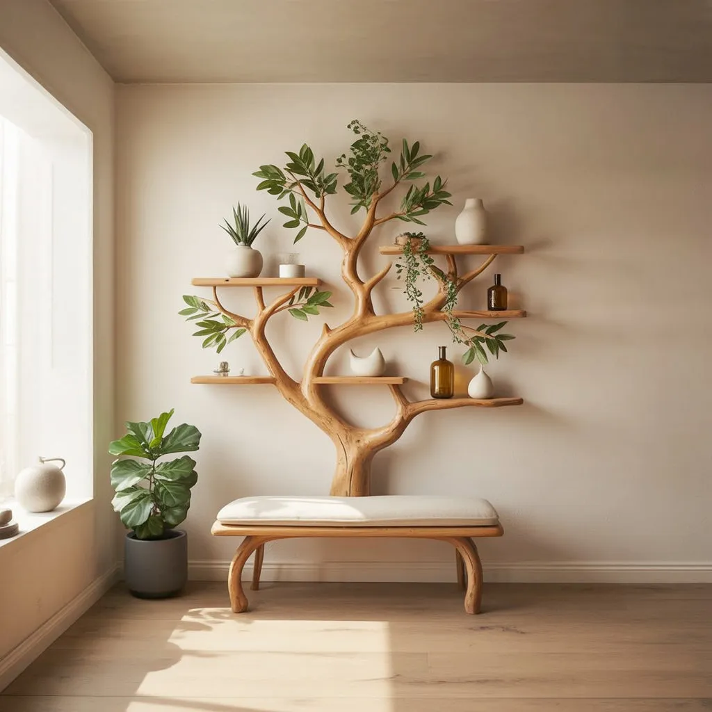 Tree Bookshelf Solid Wood Branch with Bench Handmade Home Decor