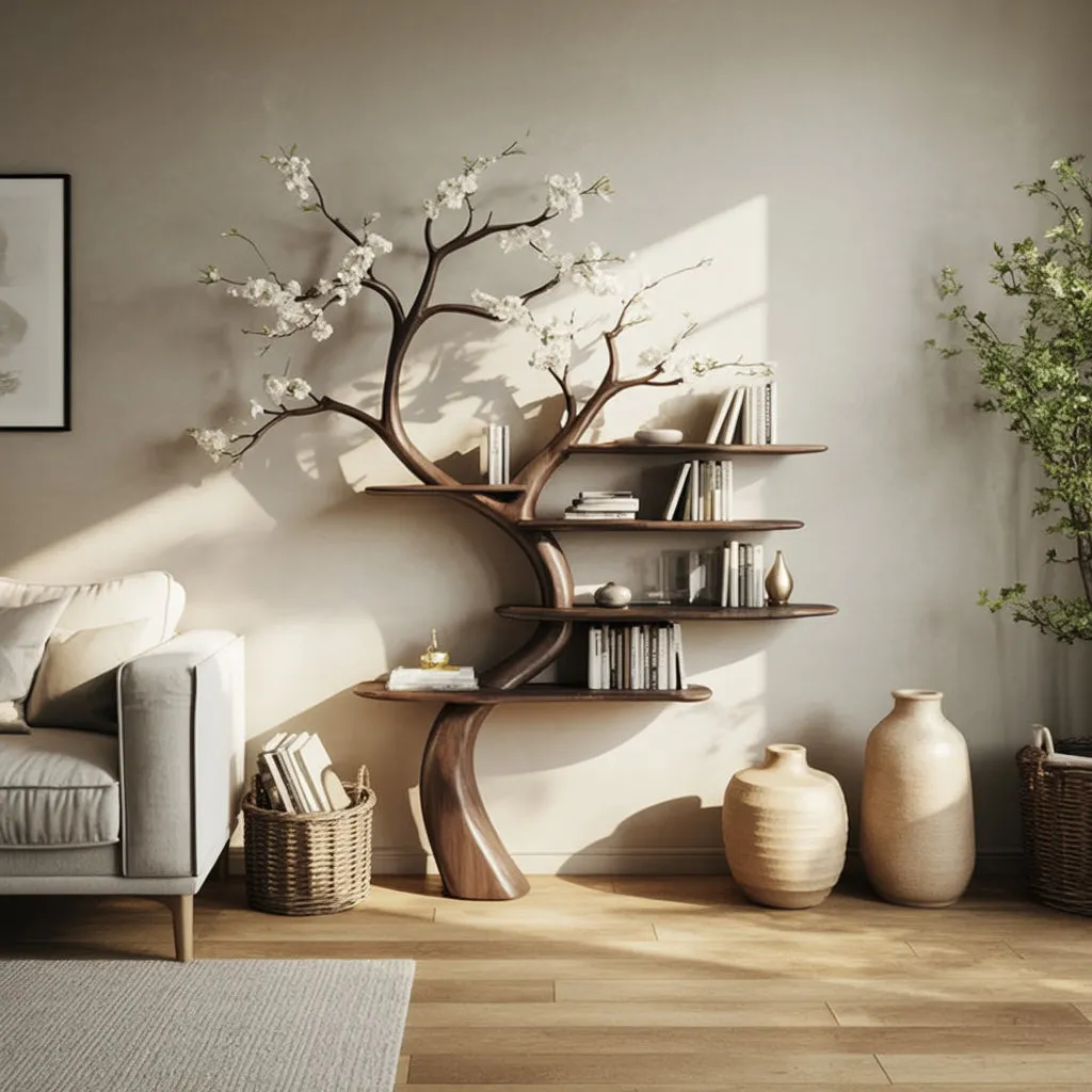 Tree Bookshelf Solid Wood Floral Branch Artistic Display Shelf Living Room