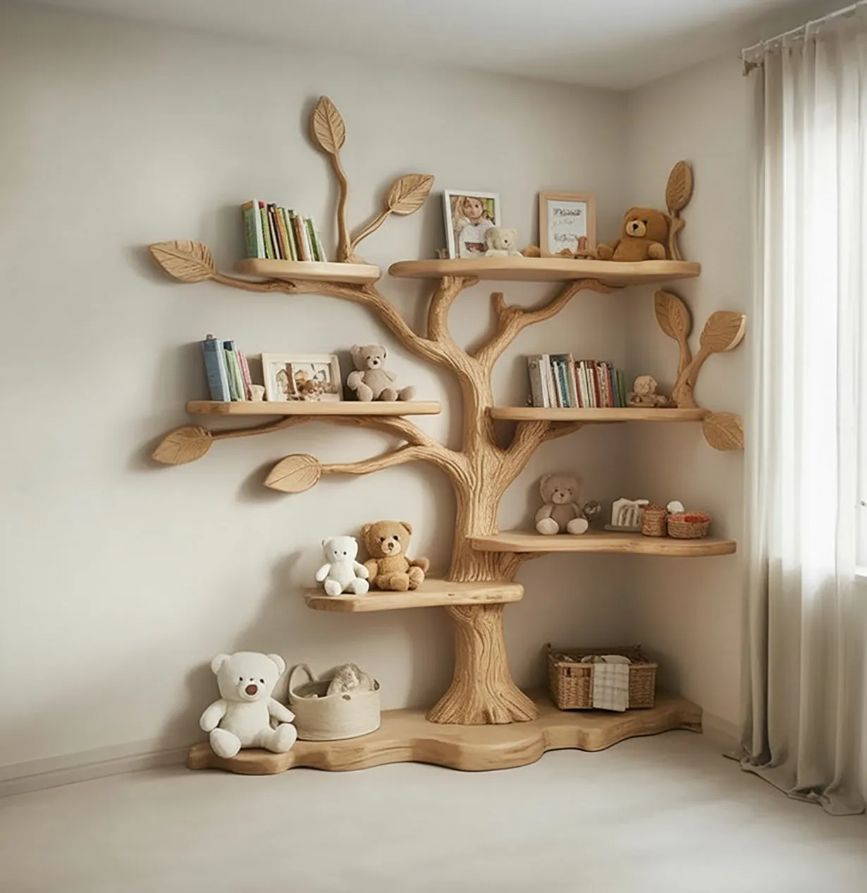Tree Bookshelf Solid Wood Tree Shaped Corner Shelf for Kids