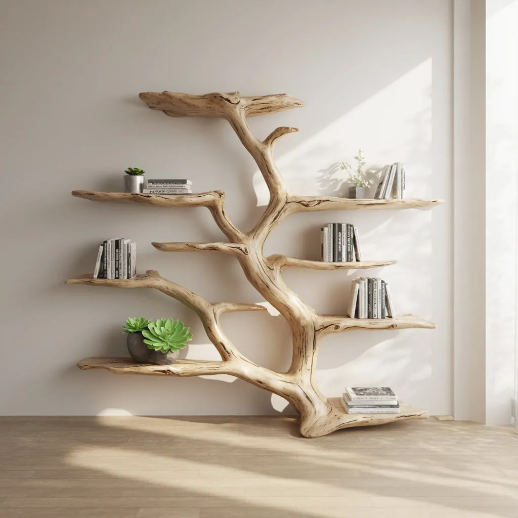 Tree Bookshelf Solid Wood Live Edge Rustic Wooden Wall Decor